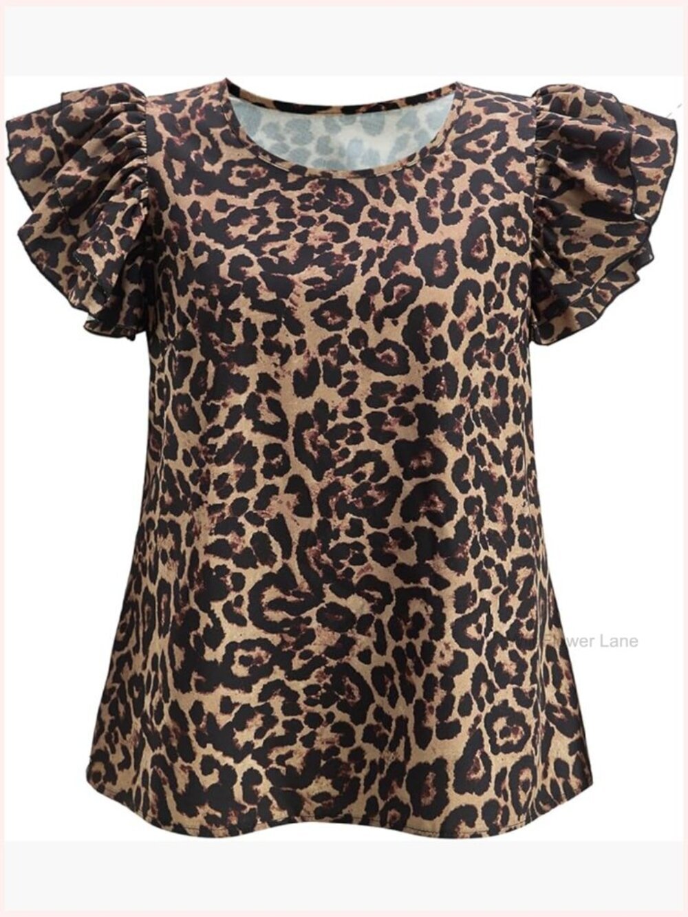 Women's Cheetah Print Ruffle Sleeve Blouse Crew Neck Dressy Casual Top